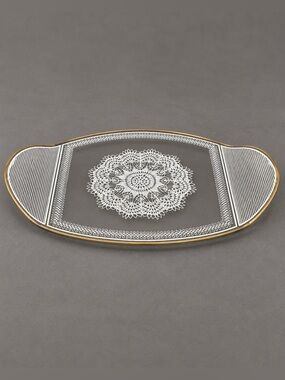 Crystal Clear Industries White Lace Gold Trim Oval Glass Serving Platter